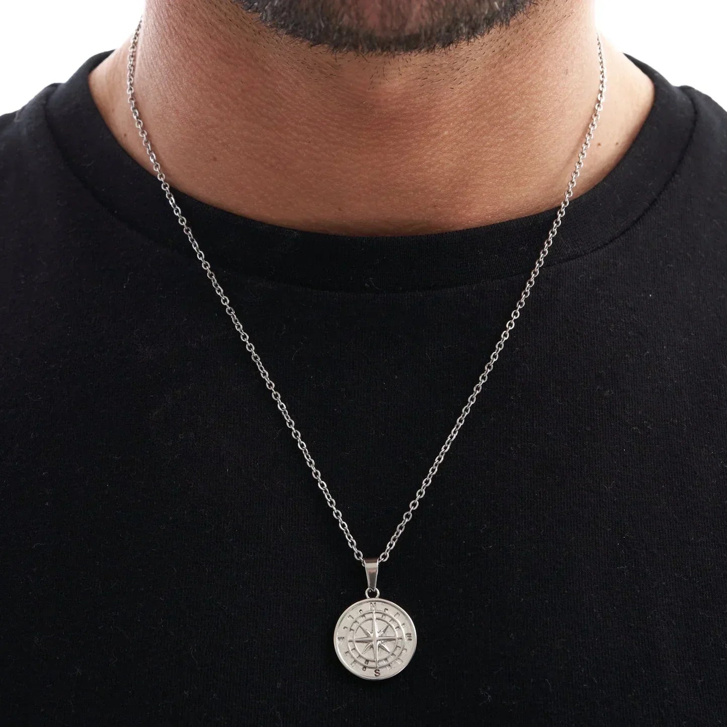Stylish Silver Compass Pendant Necklace