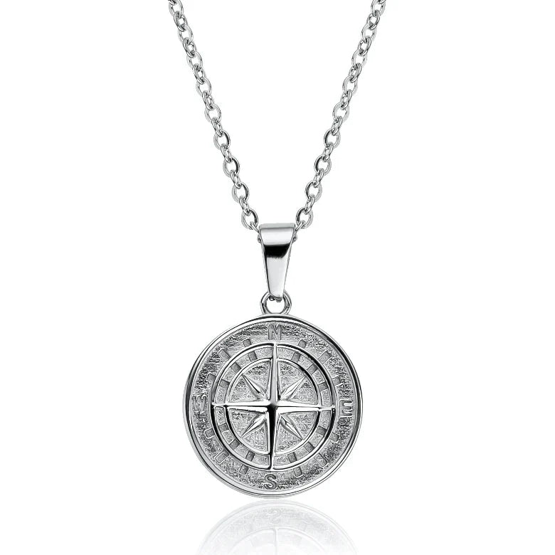 Stylish Silver Compass Pendant Necklace